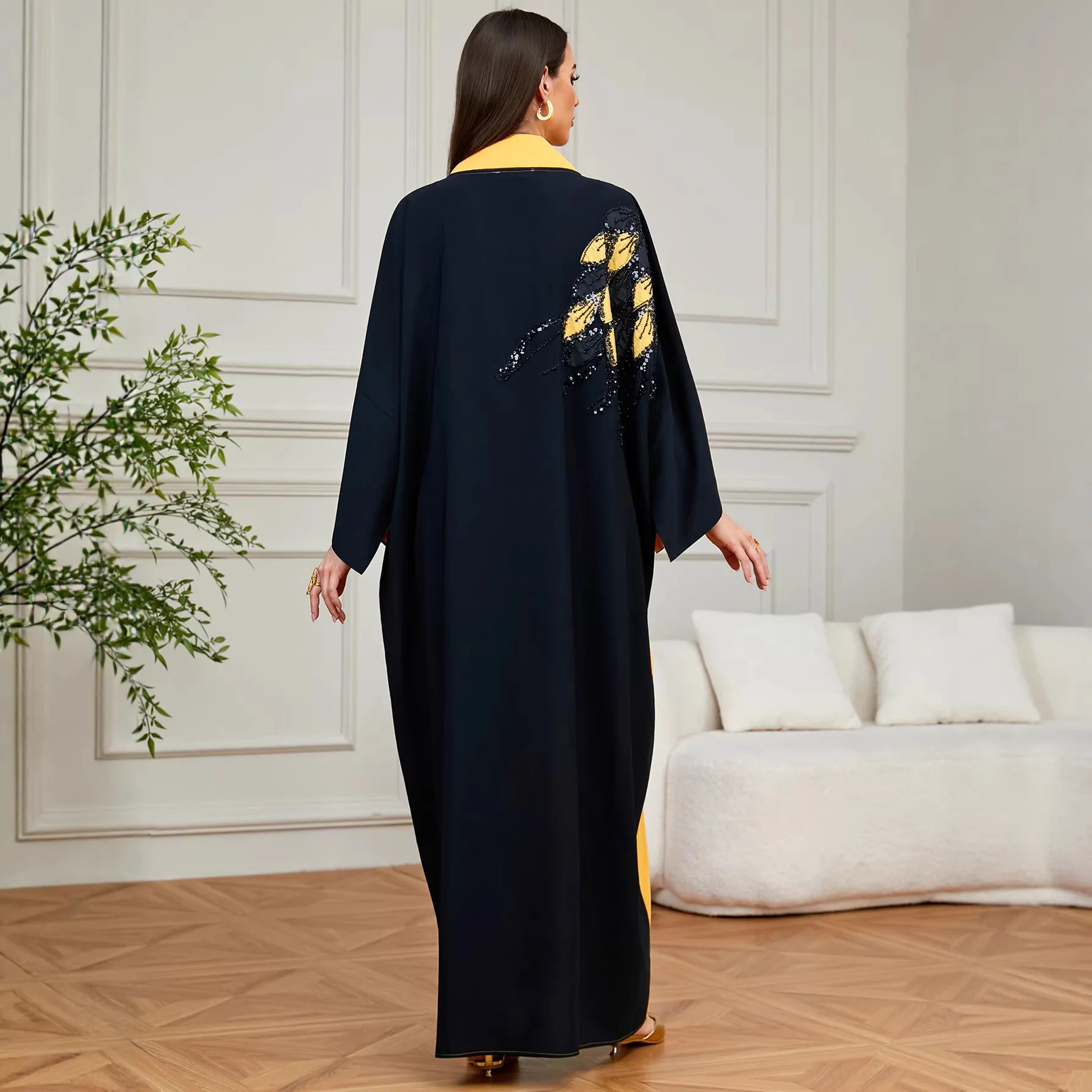 Sukienka Abaja z cekinami i haftem na Eid, luksusowa sukienka muzułmańska z Dubaju, luźna suknia Boubou z rękawami typu nietoperz, marokański kaftan, dżalabija, abaja na Ramadan