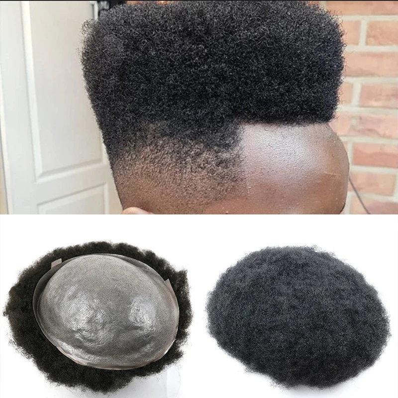 4MM 6mm Afro Kinky Curly Men's Toupee Natural Black Human Hair Replacement Man Wig Hairpiece Unit Super Durable Natural Hairline