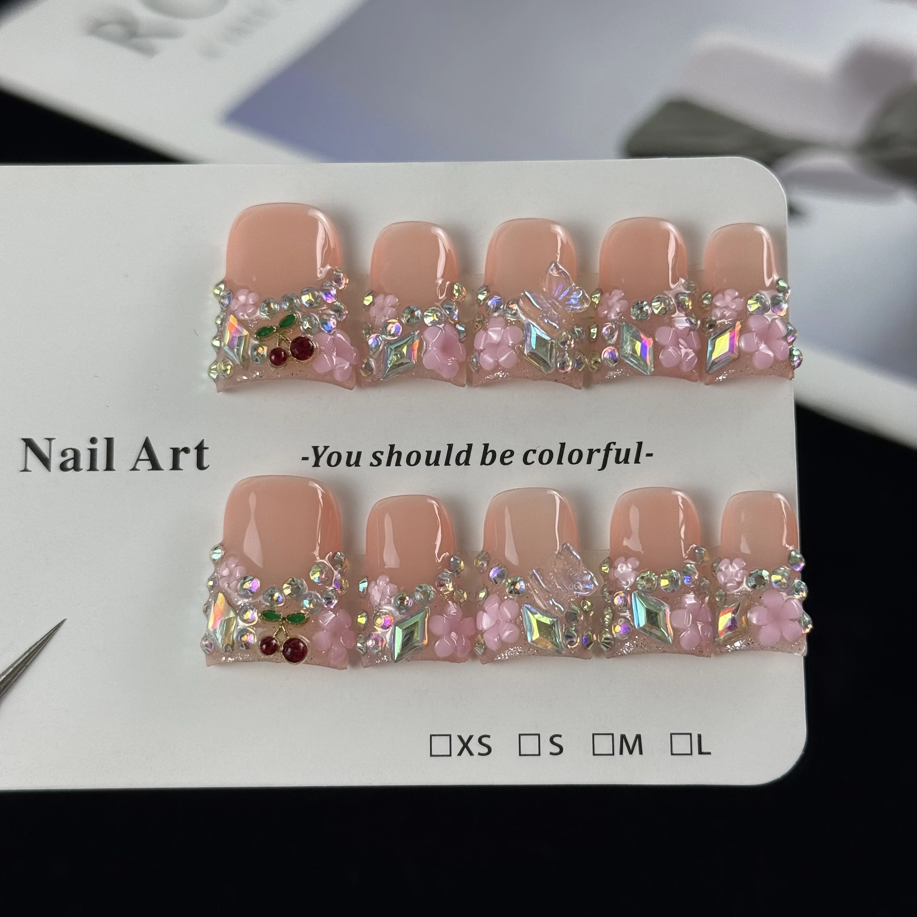 10pcs high-end Elegant style design, hand-painted three-dimensional butterfly, cherry, flowers, glittering small diamonds hand