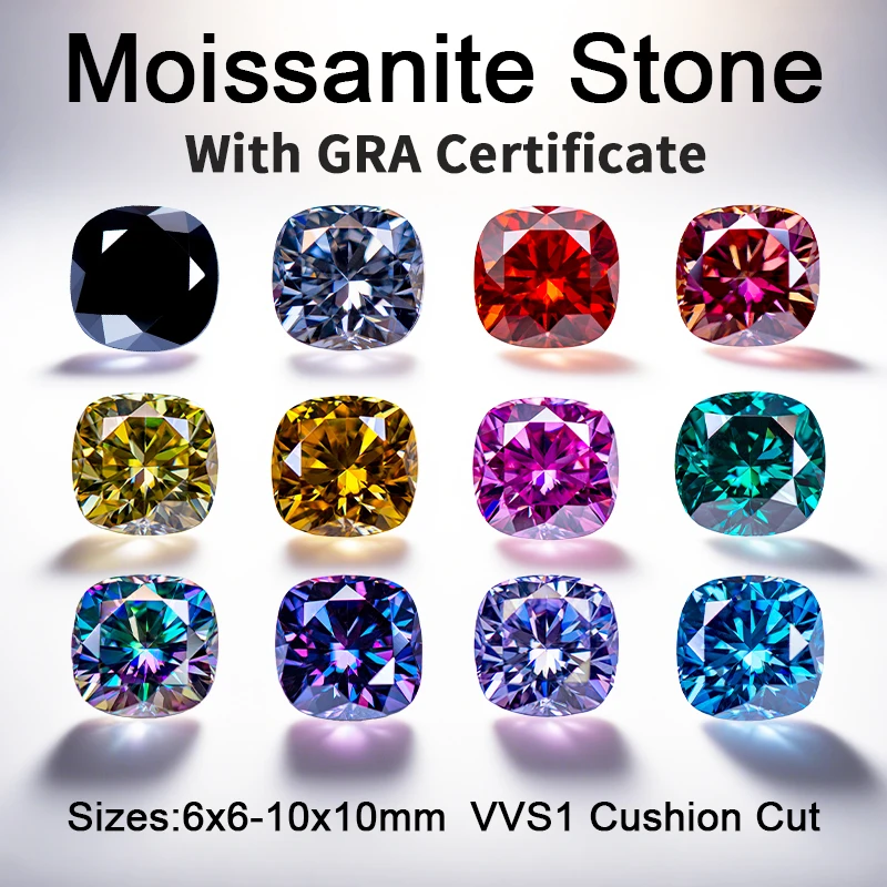

Moissanite Stone Square Cushion Shape Multiple Colors VVS1 Gemstone Beads for DIY Jewelry Rings Necklace Making GRA Certificate