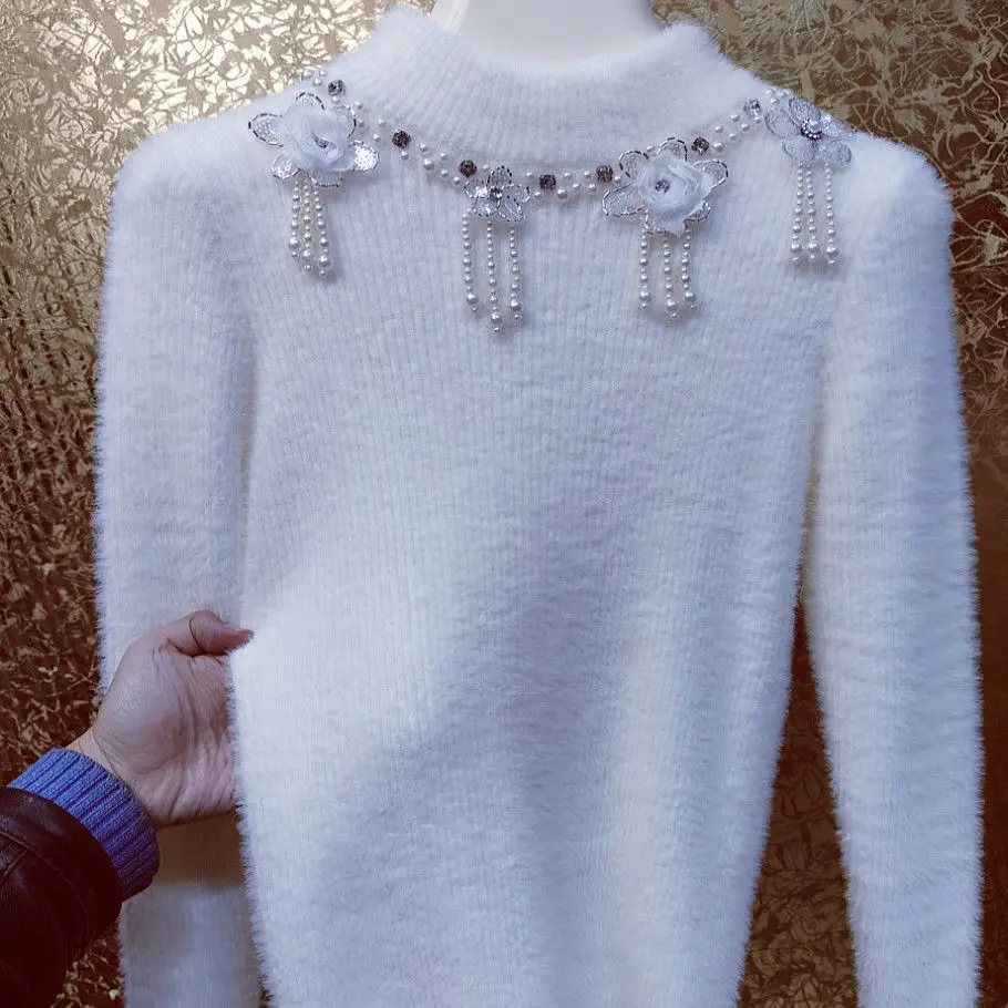 Luxury Pearls Beaded Tassels 3D Lace Flowers Mohair Pullovers Sequined Fringed Plush Bottoming Sweater Shirts Slim Elastic Tops