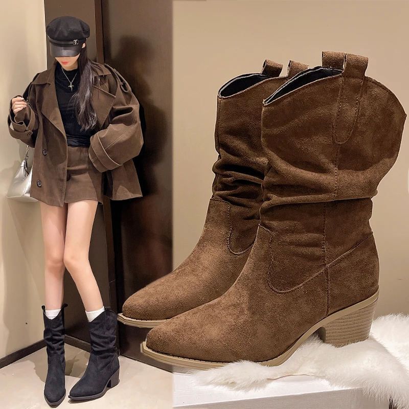 

New Autumn Style Pointed-toe High-heeled Boots, Western Cowboy-style Pleated Boots, Enhancing Beauty Merlot Knight Boots