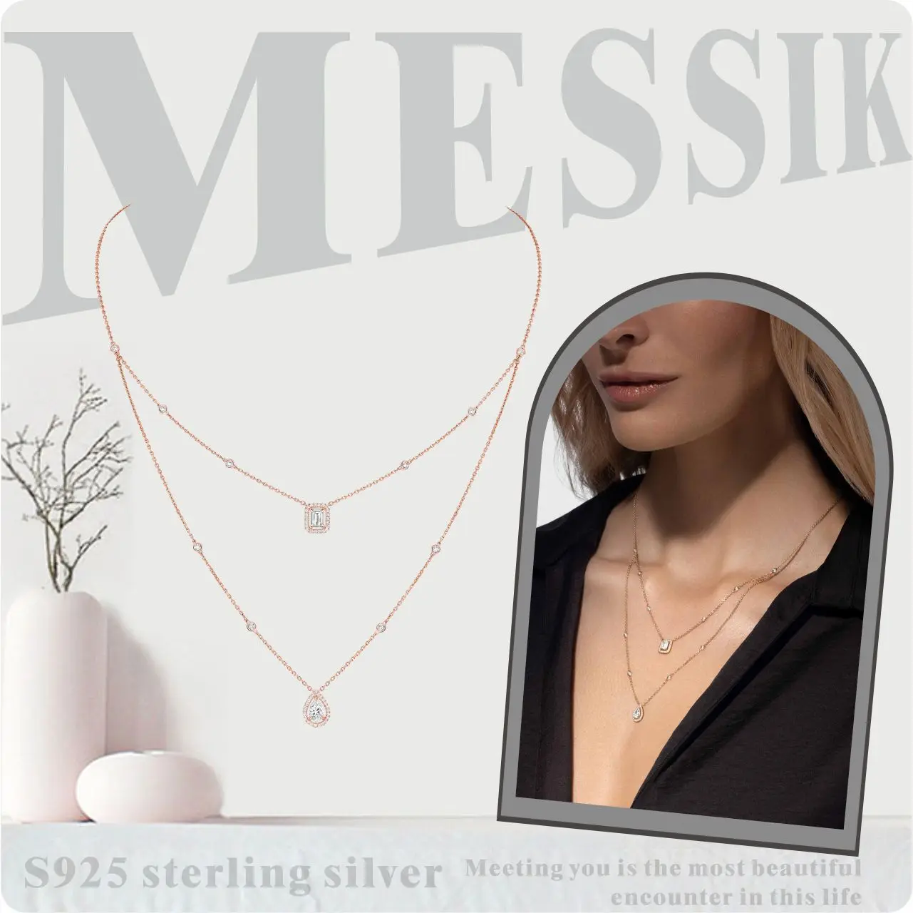 

Classic Jewelry S925 Sterling Silver Necklace Messik Style My Twin Drop Geometric Double Pendant Necklace Fashion Christmas Gift