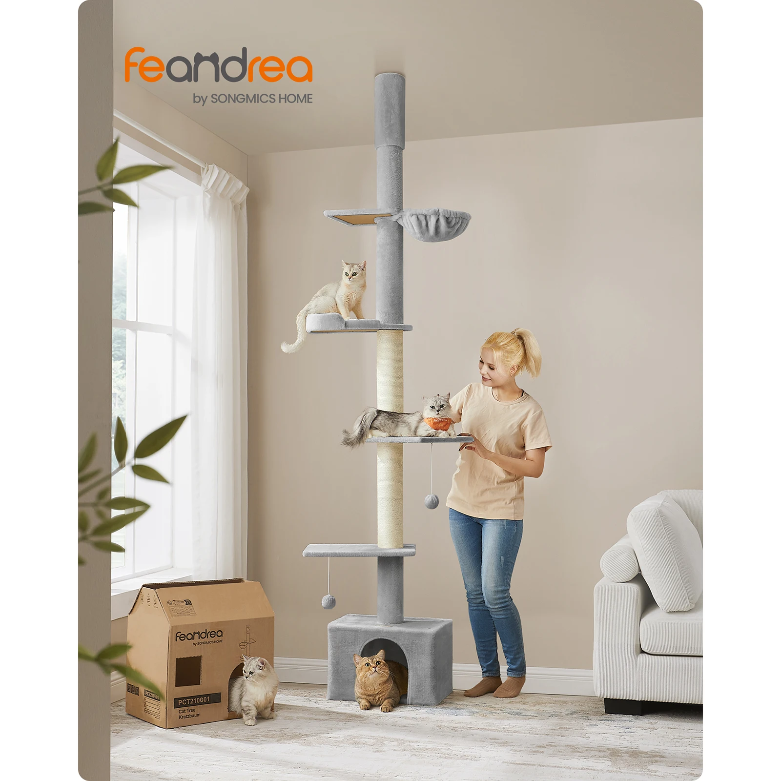 Feandrea Adjustable Cat Tree: 231-291cm tall tower for indoor cats, thick scratching posts, cave, hammock, perch, Light Grey.