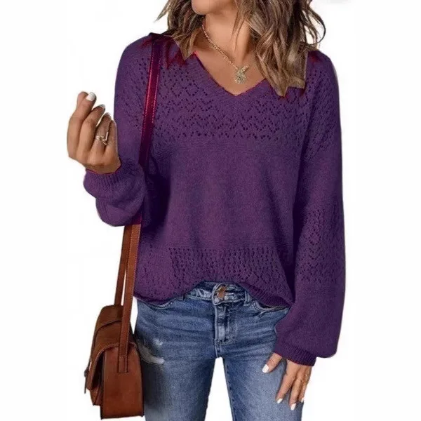 

Women's New V Neck Hollow Out Solid Color Loose Long Sleeve Comfortable Elegant Commuter Versatile Slim Knitted Pullover Sweater