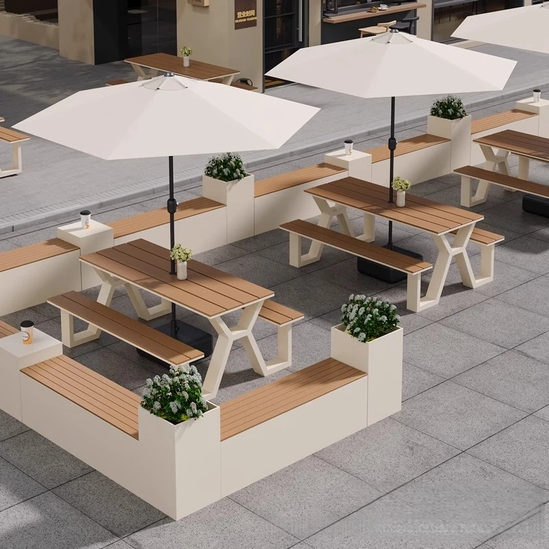 !@Modern Design Integrated Plastic Wood Outdoor Furniture Set Square Umbrella Leisure Net Milk Tea Shop Use for Parks Courtyards