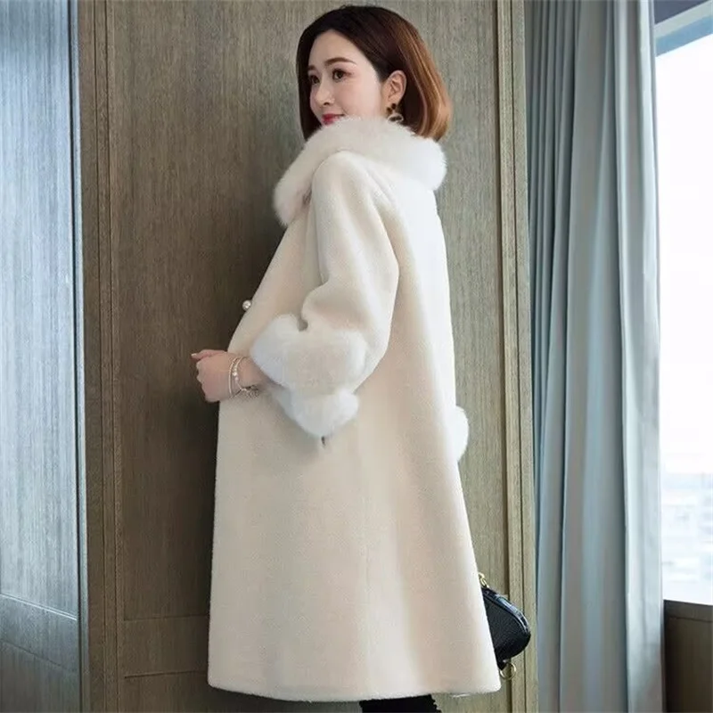 Ladies Imitation Fox Fur Collar Outwear 2024 Women Medium Long Styles Granular Velvet Coat Winter Female Loose Faux Fur Jacket