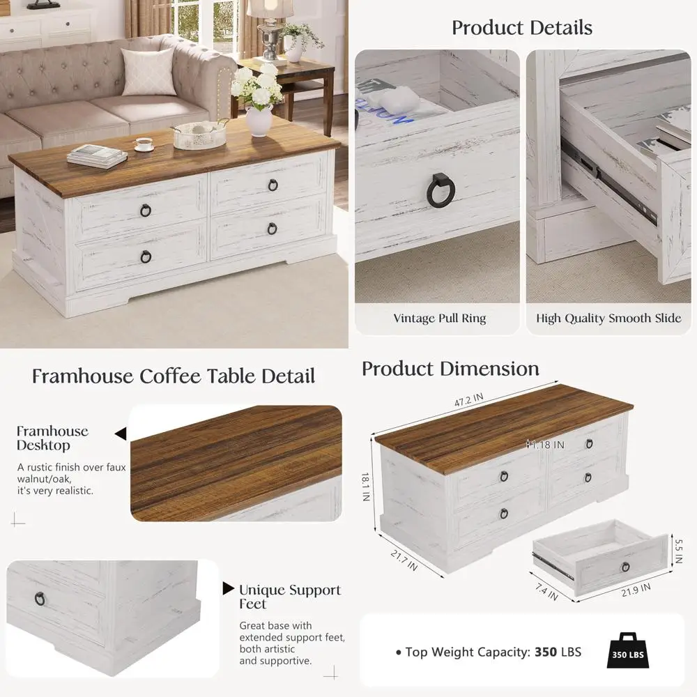 Mesa de centro de madeira estilo fazenda com 4 gavetas, peça central de armazenamento para sala de estar em nogueira branca antiga 47,2