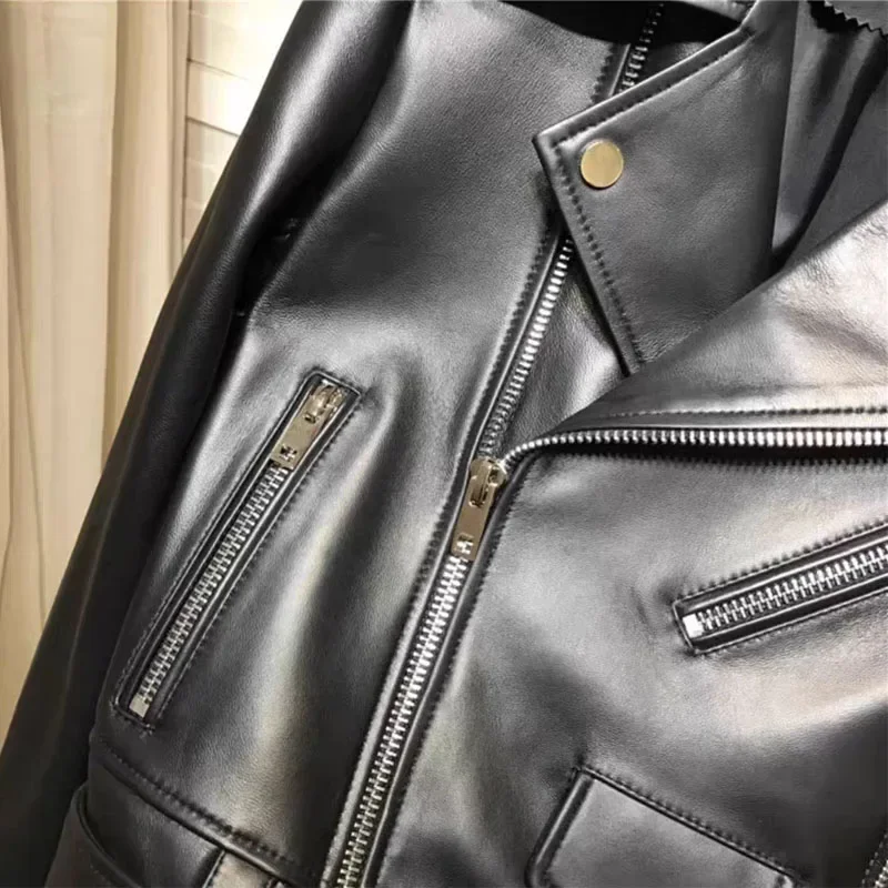 Locomotive Style Women Coat Spring Autumn 2025 New Arrival Short Length Genuine Leather Jacket Turn-Down Collar Clothes