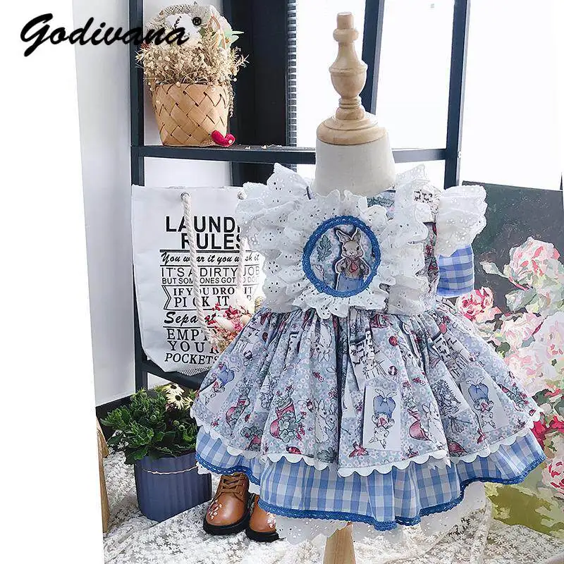 

Sweet and Lovely Baby Girls Summer 2026 New Fashion Princess Lolita Dress Kids Cartoon Print Lace Trim Sleeveless Plaid Dress