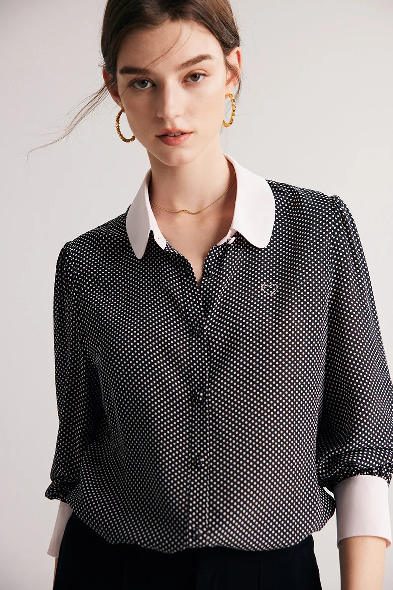 

100% Natural Silk Women's Shirt Peter Pan Collar Printed Long Sleeves Elegant Fashion Blouse Tops