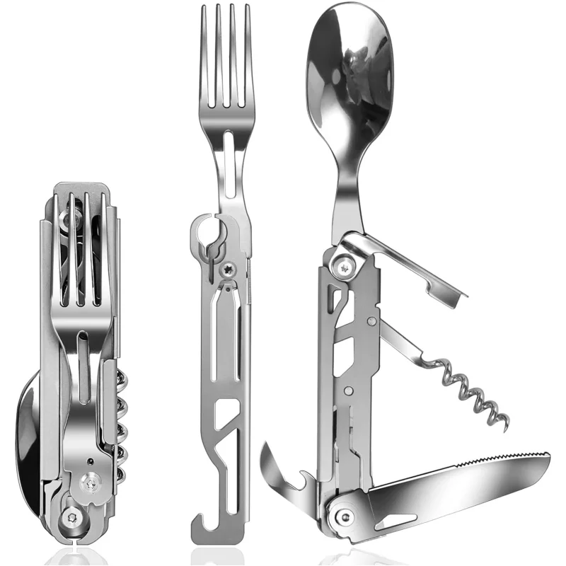 5 in 1 Camping Cutlery Multitool Portable Stainless Steel Spoon Fork Knife & Bottle Opener Combo Set Outdoor Detachable Tablewar