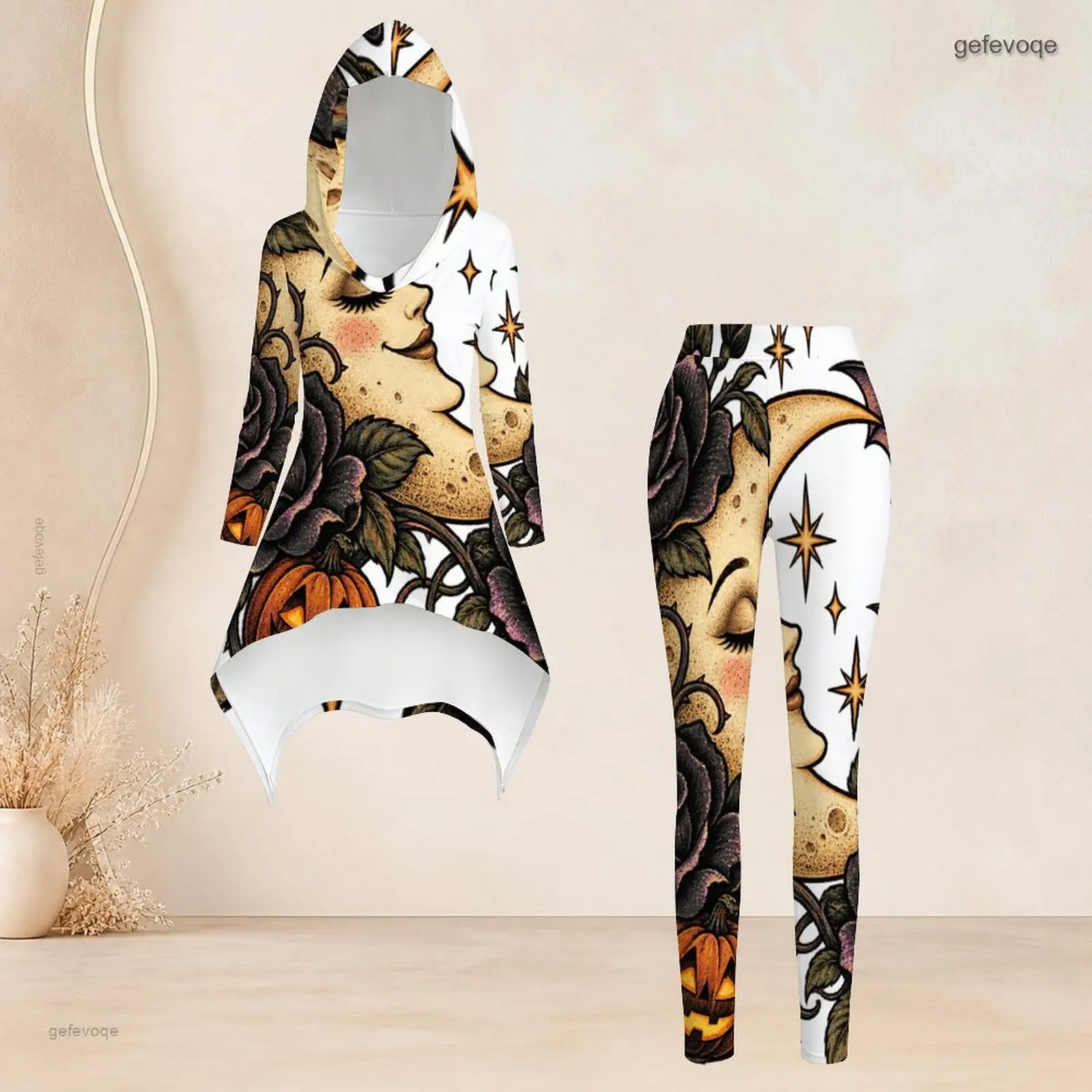 Women Printed Abstract Light Bulb Doodle Hooded Long Sleeve High Low Top and Leggings Two Piece Set