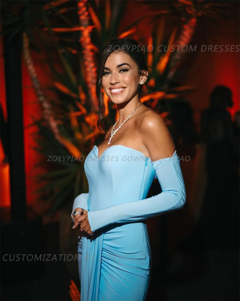 Vestido de noche de manga larga con hombros descubiertos para mujer, traje de fiesta de sirena, satén, color azul cielo, personalizado, Formal, evento