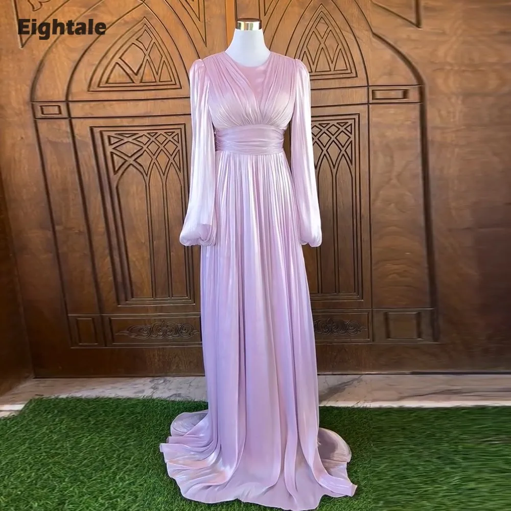

Eightale Arabic Evening Dress O-Neck Pleats Long Sleeves Crepe A-Line Customized Pink Muslim Prom Wedding Party Gown