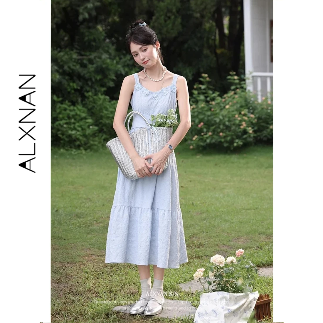 

ALXNAN Blue Long Dress Women 3D Flower Design Elegant Holiday Party Beach Dresses 2026 Summer Vacation Female Clothing DYL661756