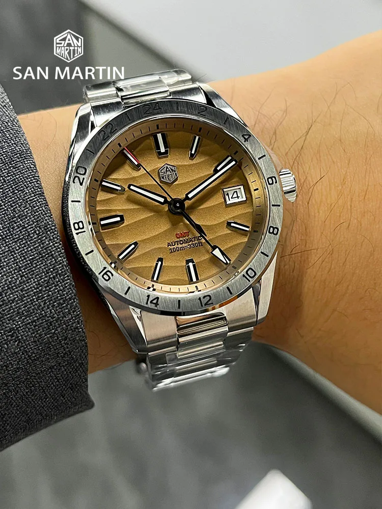 San Martin New 39mm Desert Texture Luxury Men Watch NH34 GMT Automatic Mechanical Business Dress Sapphire 10Bar Luminous SN0129