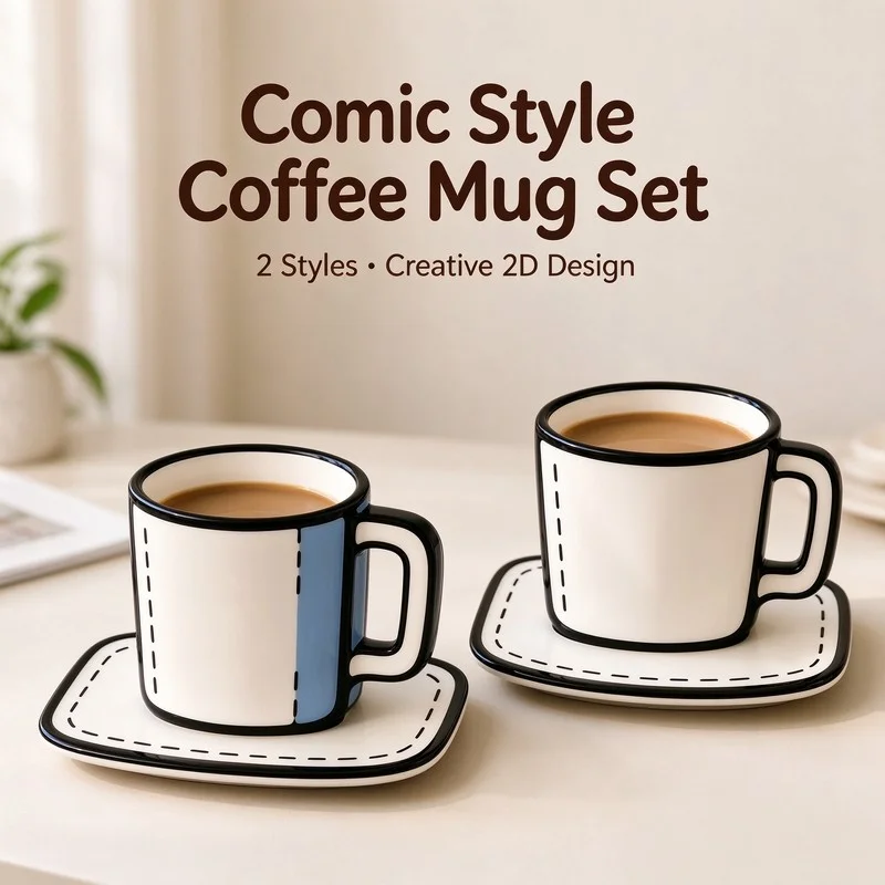Aesthetic 2D Cartoon Ceramic Mug Cup and Saucer Set Comic Style Minimalist Creative Black White For Home Office Coffee Tea Gift