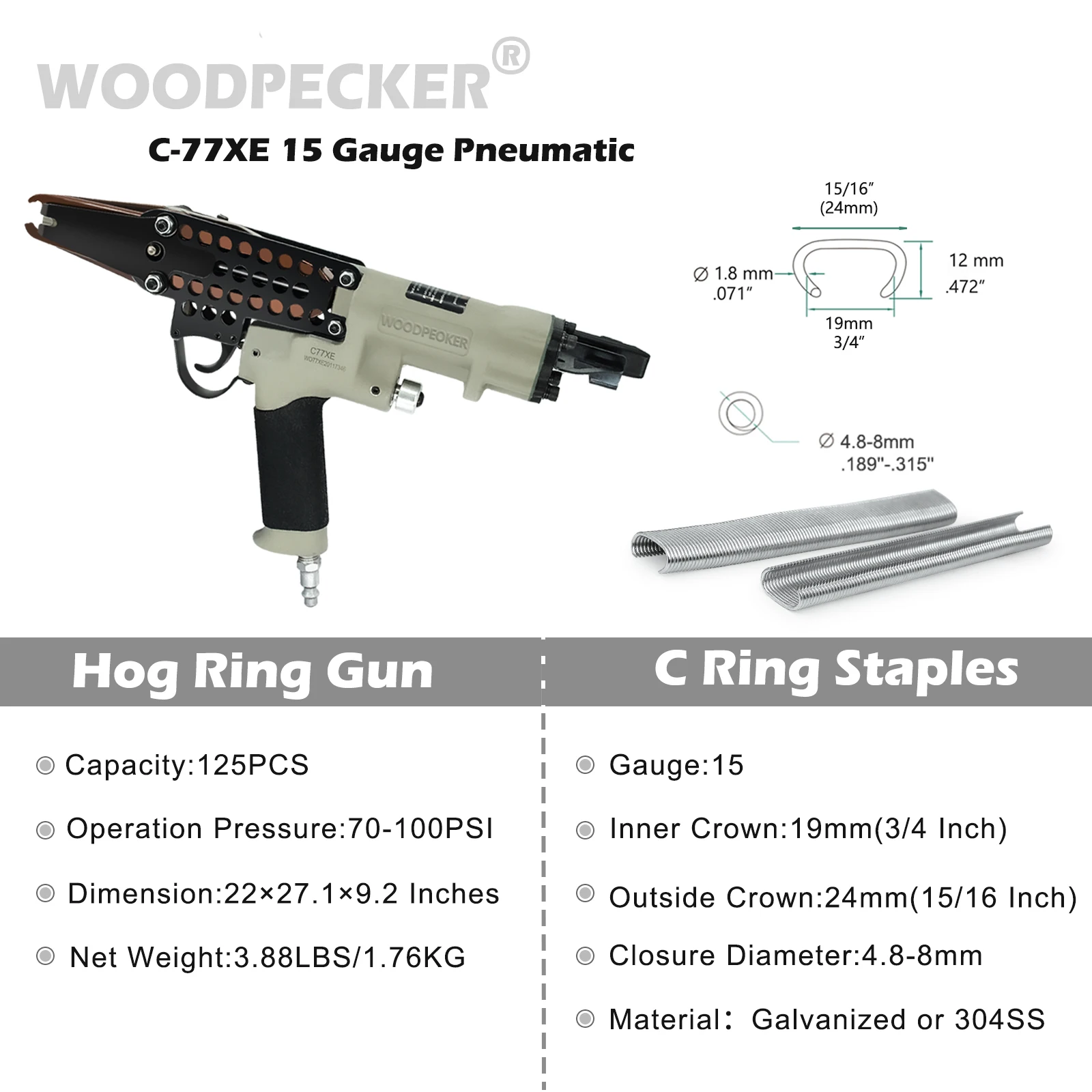 

WOODPECKER C-77XE 15 Gauge Pneumatic Hog Ring Gun, 7-8mm Closure Diameter for Spring Mattress and Furniture