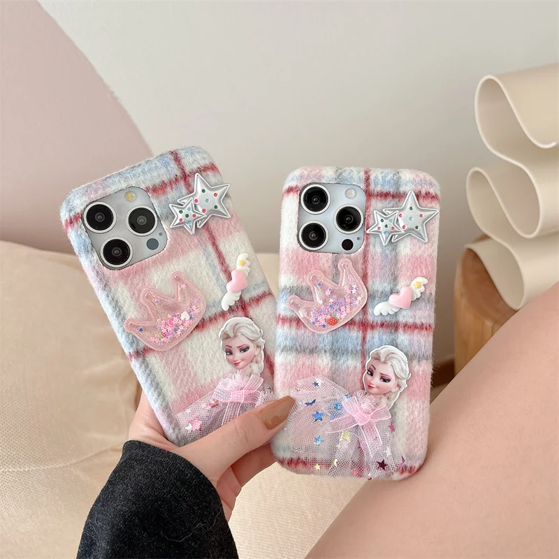 Cute cartoon Glitter crown Snow White Plush  Case For iPhone 13 14 15 16 Pro Max Ins Cute Lattice wool Sheep Fluffy Fur Protect