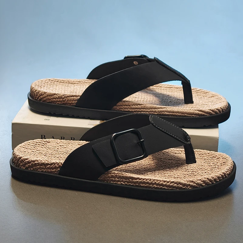 

Men's Summer Casual Slip-On Sandals Anti-Slip Beachwear Soft Bottom Woven EVA Flip Flops Thick Heel Wear Resistant