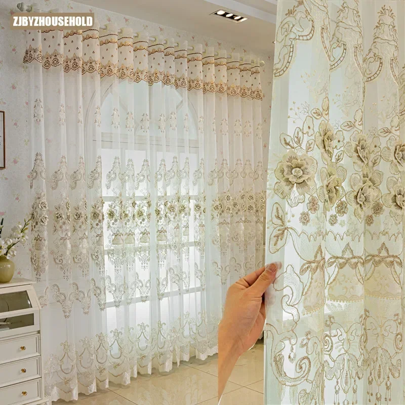 

European High-grade Luxury Balcony Floating Window Gauze Embossed Embroidery Curtains for Living Dining Room Bedroom White