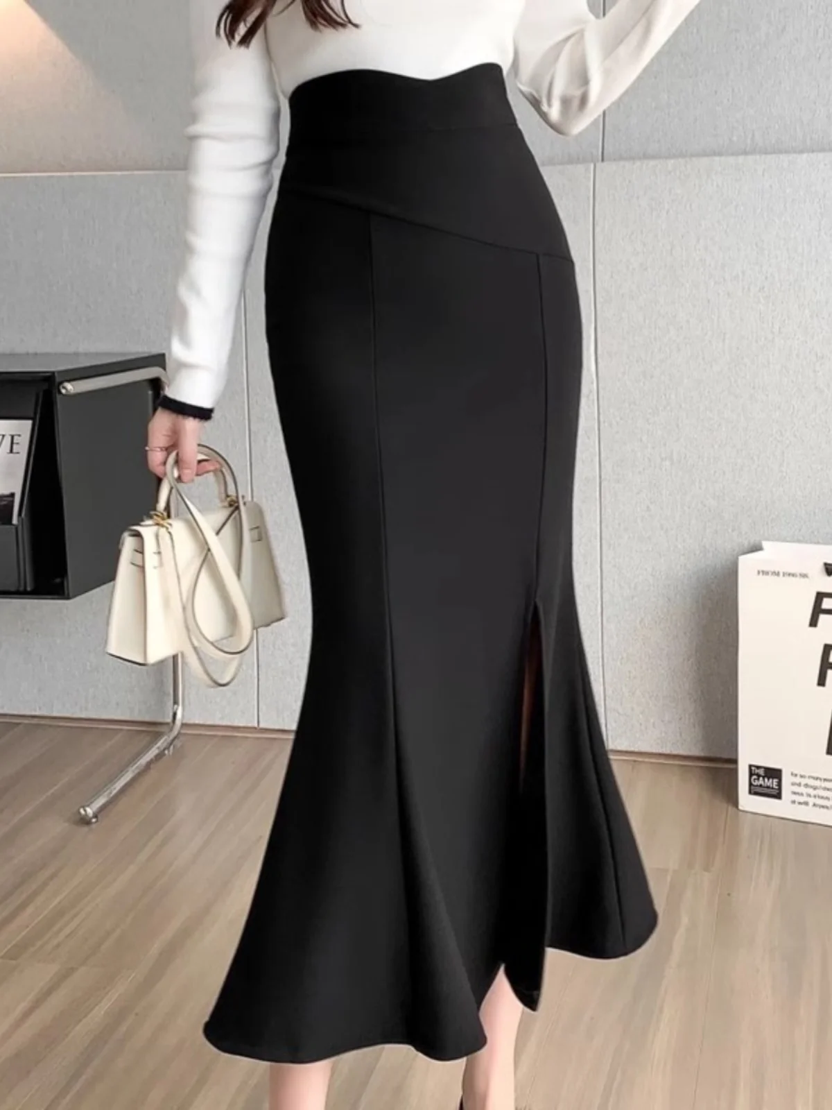 

Юбка-миди с высокой талией, приталенная, черная, деловая, женская, весна-осень, новая, из полиэстера с эластаном