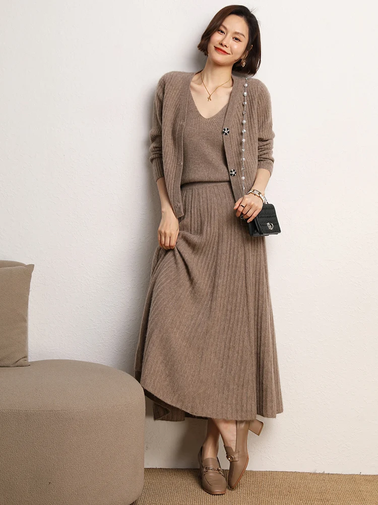 

New Chic Pleated Skirts Woman Slimming Umbrellas Autumn Winter 100% Cashmere Knitted Long Skirt Solid Color Basics Woman Clothes