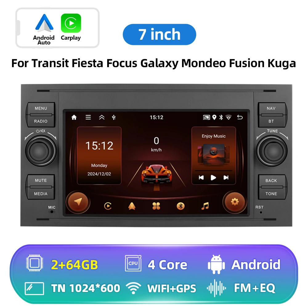 Podofo 7-Zoll Carplay Android Autoradio mit GPS-Navigation für Ford Focus Transit Fiesta Galaxy Mondeo Fusion Kuga C-Max Multifunktionales Auto-Stereo