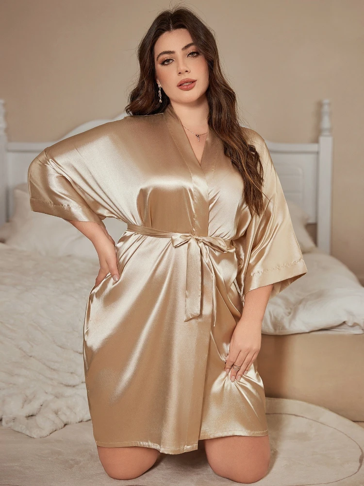 

XL-5XL Plus Size Women's Satin Robes Short Silky Lace-Up Bathrobes Bridesmaid Party Dressing Gown Pajamas Solid Loose Loungewear
