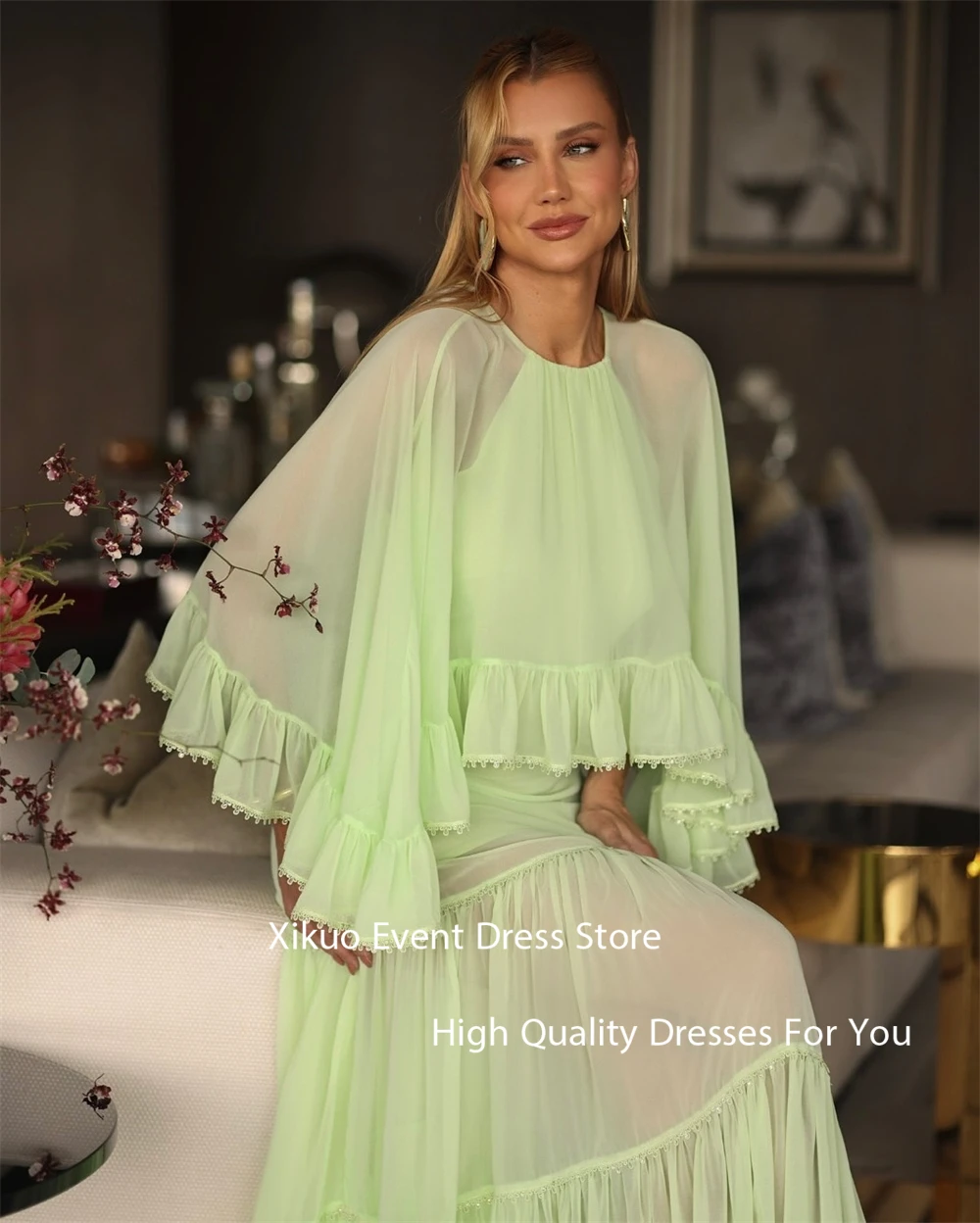 Xikuo Elegant Green Chiffon Evening Gowns A Line Illusion Robe Cocktail Femmes Pleated Cocatail Party Prom Dresses Customized