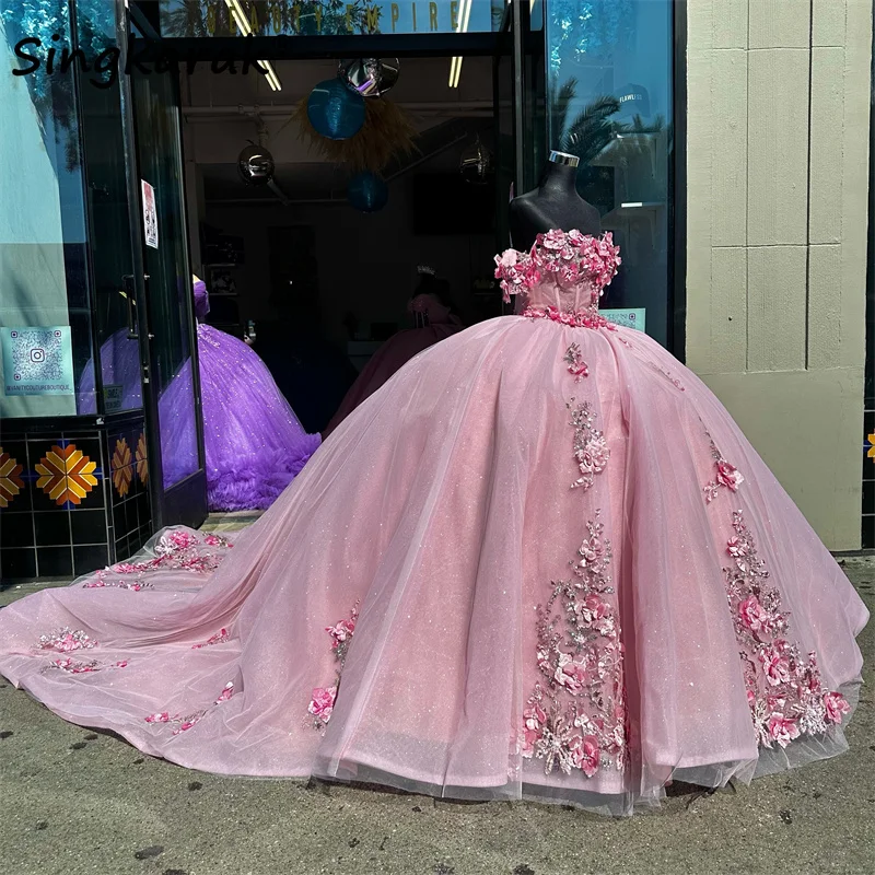 فستان حفلة Quinceanera الوردي الأنيق ، بلورات مطرزة بالخرز ، مزخرف بالزهور ، فستان 16 حلو ، فستان حفلات ،