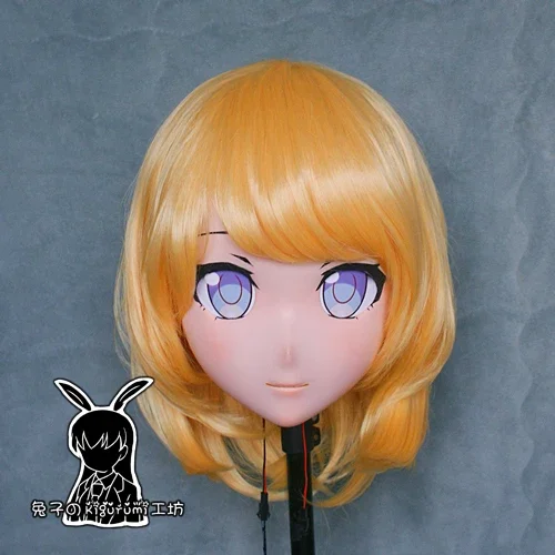 (Rabbit 76) Resin Cross dress Pretty Girl Head BID Doll Mask Japanese Anime Kigurumi Mask Cosplay with Wig