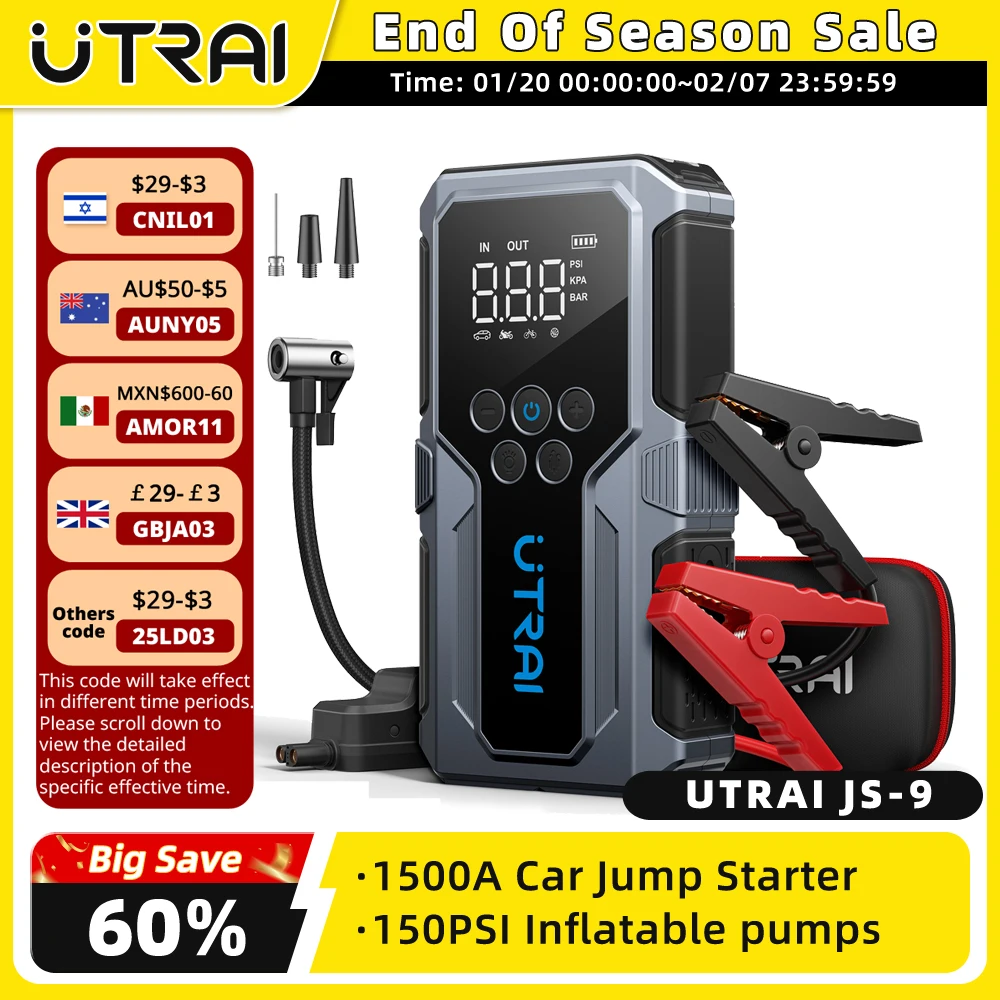 UTRAI 1500A Car Jump Starter Power Bank Portable 150PSI Air Pump Car Battery Emergency Boosters Starting Device Car Starter 2024