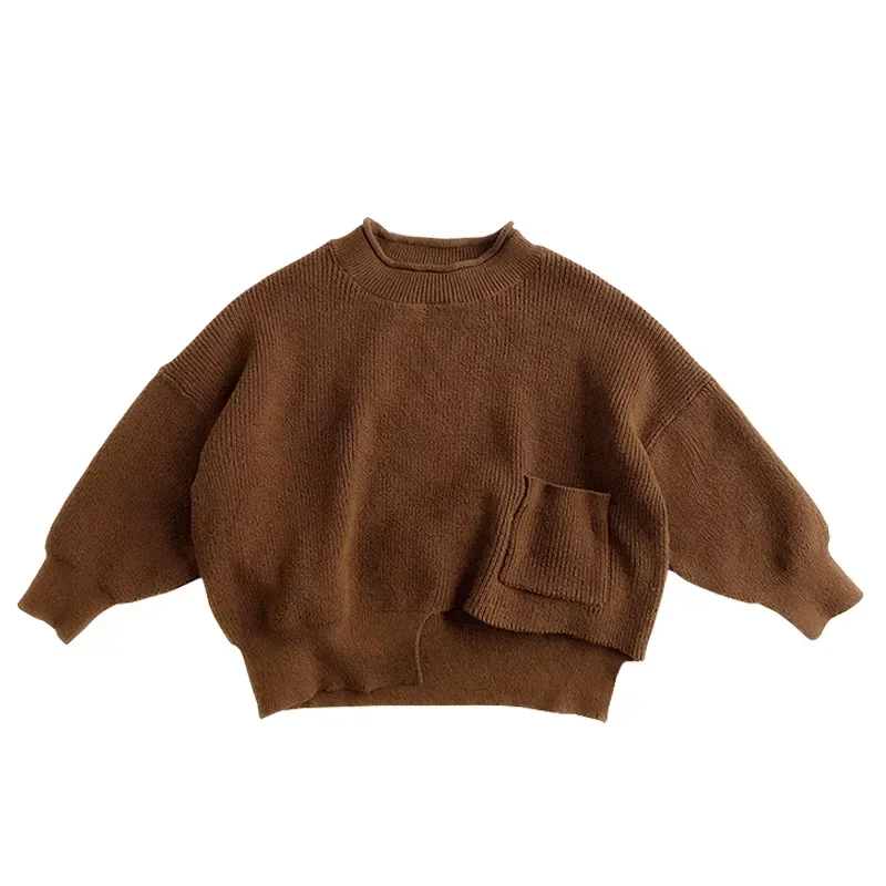 7098 Children Sweater Irregular Hem Tops 2023 Autumn New Korean Solid Color Boy's Sweater Casual Loose Girl's Pullover