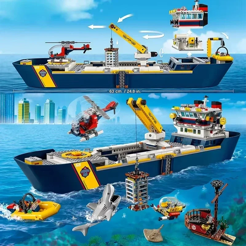 Nowy Model 2026 / Kompatybilny Zestaw Klocków Seria Miejska Klocki Statek Przygód Oceanicznych Mała Łódka Klatka dla Rekina Prezent dla Dzieci Zabawka