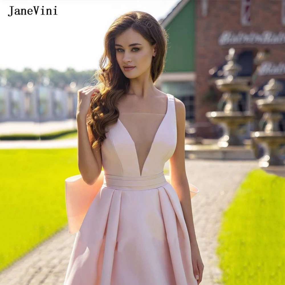 JaneVini-Vestido largo romántico de graduación para mujer, ropa sin mangas con cuello en V profundo, lazo grande en la espalda, línea A, satén, rosa, cumpleaños, personalizado