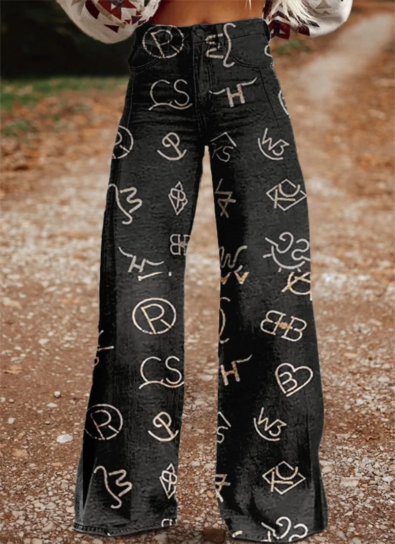 

Women's 3D printed casual wide pants, resembling fashionable jeans, women's high-waisted collar pants, large, retro, new