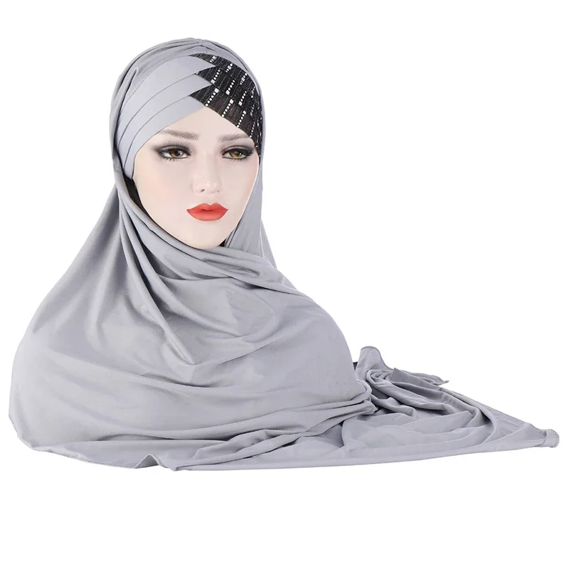 1PCS Women's Muslim Headscarf Hat Solid Color Fashion Sequined Patchwork Scarf Shawl Islamic Dress Accessories Baotou Hat