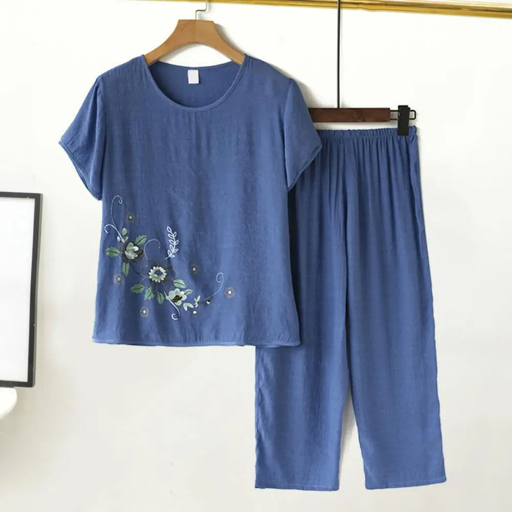 2Pcs/Set Middle-aged Mother Casual Top Cropped Pants Set Flower Print O-neck Short Sleeve Mother Sleepwear Set Women\'s Clothing