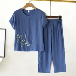 2Pcs/Set Middle-aged Mother Casual Top Cropped Pants Set Flower Print O-neck Short Sleeve Mother Sleepwear Set Women's Clothing