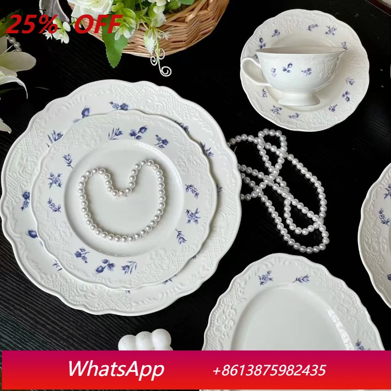 

LMM vintage style blue floral heavy work lace ceramic embossed tableware dinnerware plate coffee cup