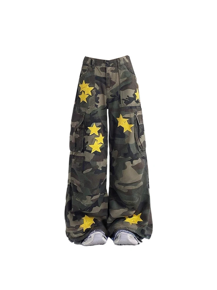 Women's Green Camouflage Star Pants Vintage Y2k Harajuku Aesthetic Streetwear Baggy Pants High Waist Trousers 2000s Clothes 2024