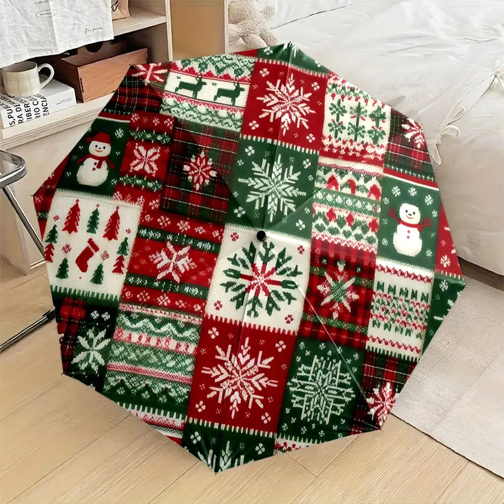 

1pc Christmas Umbrella with Automatic Open/Close - Red, Green, Golden, Brown, - Heavy-Duty Folding Umbrella with 8-Rib Frame -