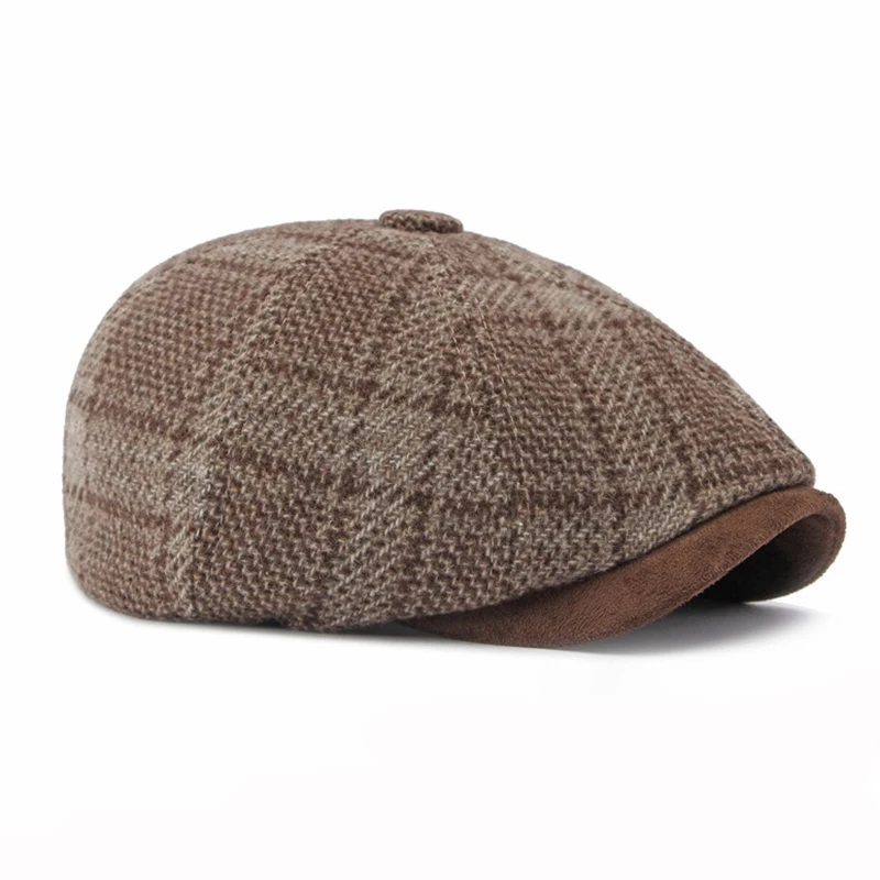 Men Tweed Newsboy Cap Vintage Plaid Ivy Flat Cap Autumn Winter Thick Warm Beret Cabbie Hat Suede Brim Peaky Blinders Baker Boy - view 5
