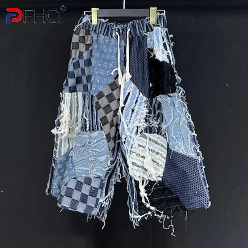 

PFHQ Denim Patchwork Shorts Summer Men's Elastic Waist Vintage Washed Fabric Worn Out Wearproof Drawstring Male Original 21Z5028