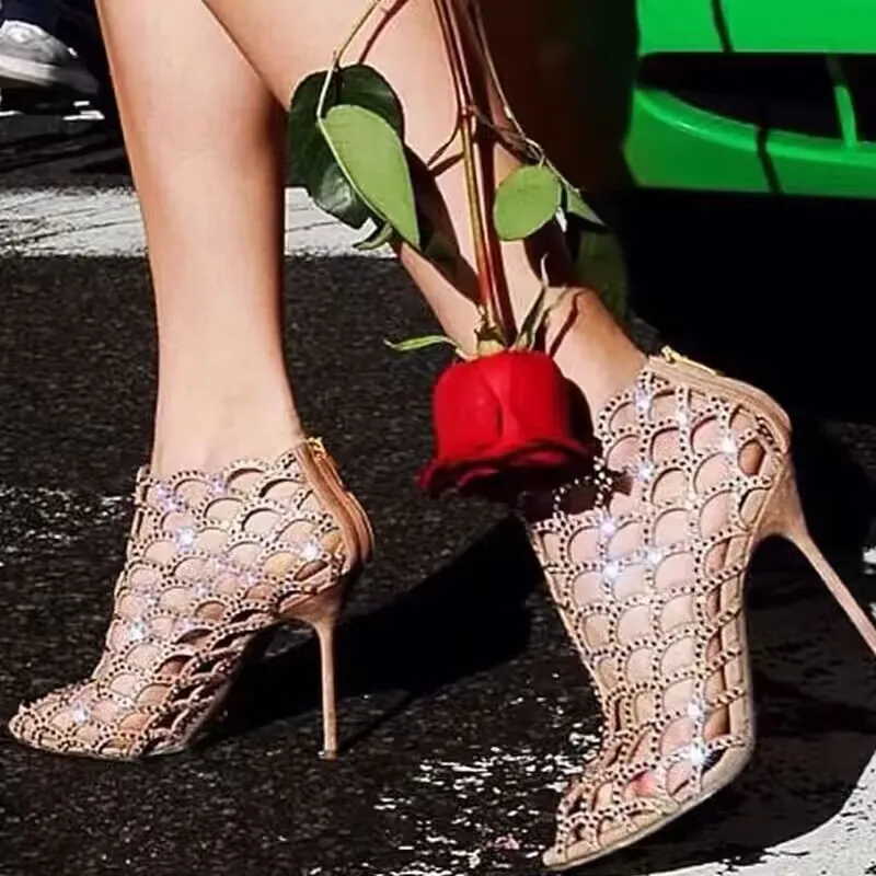 Glitter Crystal Drilled Scale Hollow Sandals Boots Thin High Heels Peep Toe Woman Rhinestone Cutout Gladiator Summer Ankle Boots