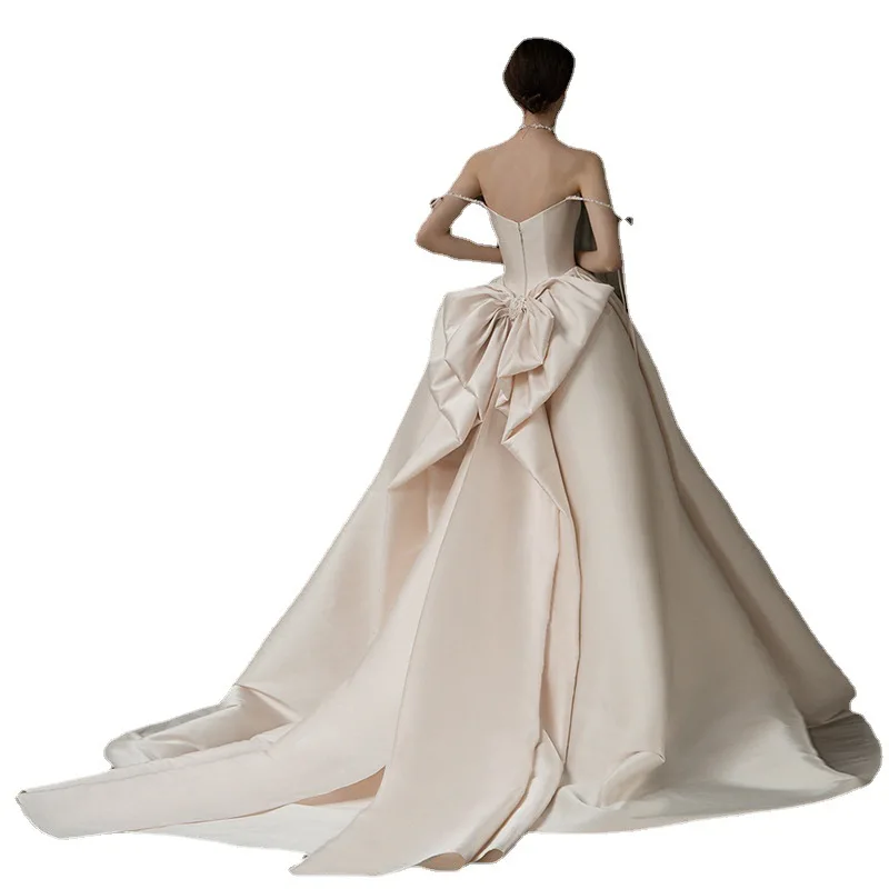 A-Line Satin Spaghetti Strap Wedding Gowns Vintage Big Bow Backless Party Dresses Luxury Evening Gown Formal Dress