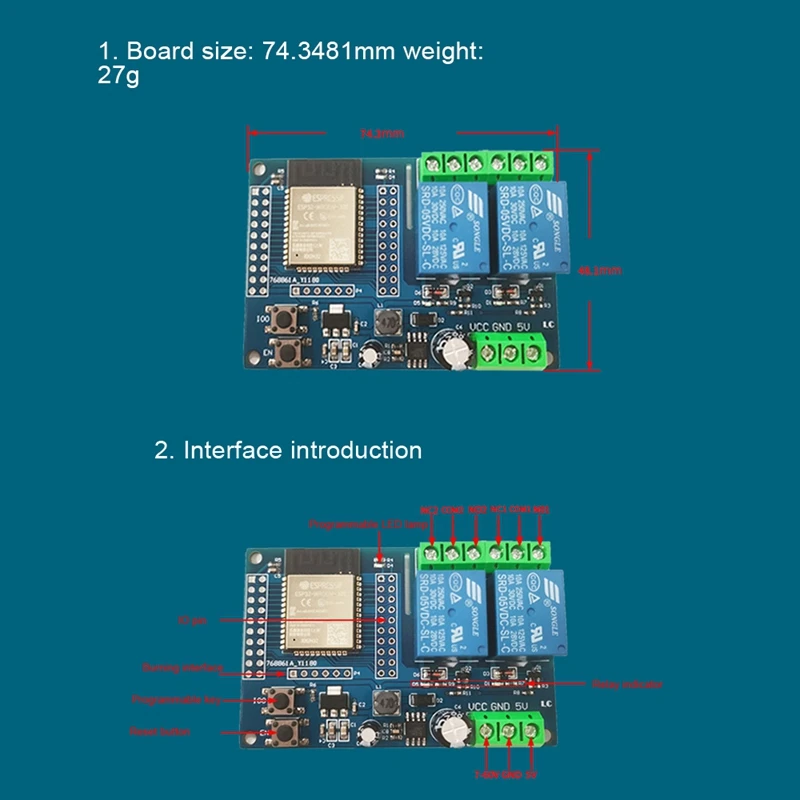 Dual-Channel WIFI Relay Module ESP32-WROOM Development Board Secondary Development DC5-60V Power Supply