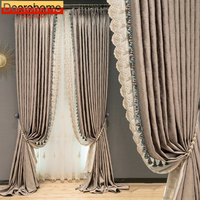 

European-Style Embroidered Grey Coffee Embossed Jacquard Blackout Curtains for Living Room Bedroom Window Curtains Customize